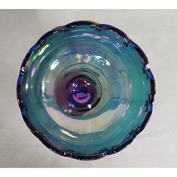 Vintage Indiana Glass Blue Carnival Glass Footed Compote – Teardrop Garland 8.5" - Picture 4 of 9